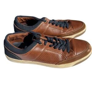 George Mens Faux Leather Sneakers Casual Shoes Memory Foam Navy Blue Brown Sz 7